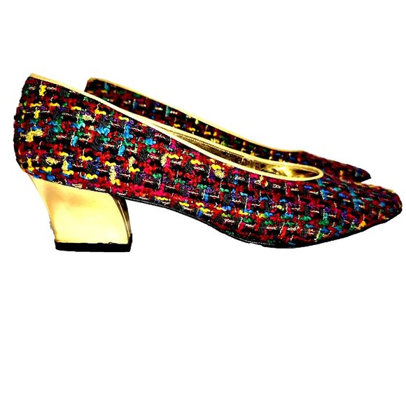 Vintage Hitsman Tweed Pumps Gold Heel Mob Wife Quiet Luxury Size 8N Spain - Picture 2 of 7